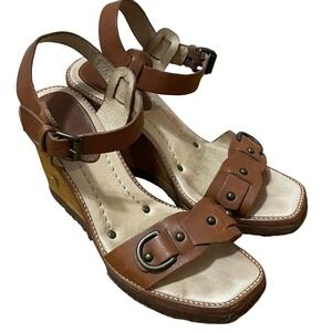FRYE Brown Braided Leather Wood Wedge Buckle Ankle Strap Sandals Women's Size 8M